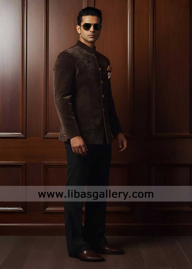 Brown Self Velvet luxury Prince Coat with pants